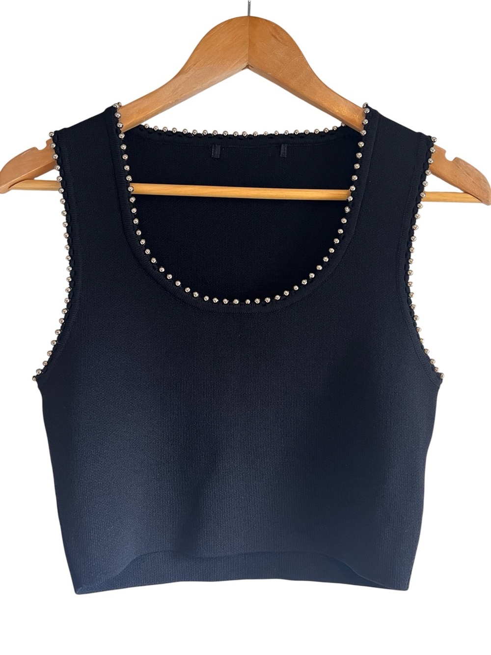 Karen Long knit cropped beaded sleeveless top in black Sz S excellent condition